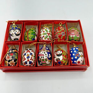 8 Small Cloisonne Enamel Hanging Eggs Balls Ornament, Flower Giant Panda Pattern